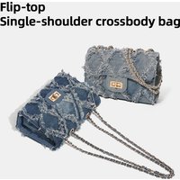 Flip-top single-shoulder crossbody bag, shredded fabric denim bag, diamond-shaped small square bag, commuter chain bag
