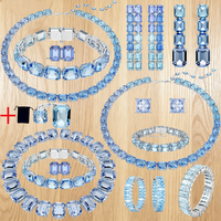 Blue Square Diamond Earrings and Necklace Set with Mixed Cut - Festive Christmas Present