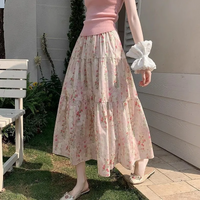 Women's Sweet Pink Floral Tiered Midi Skirt Elastic High Waist Ruffle Patchwork Flowy Long Skirt Casual Daily