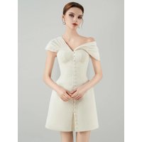 Sexy V Neck Folds Sleeves Buttons Design Mini Dress Women Pleated Shoulder Button Front A-Line Dresses Evening Party Gowns
