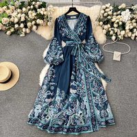 2024 New Spring Summer Women Print V Neck Lace Up Lantern Sleeve Ethnic Style Casual Vintage Beach Holiday Dresses