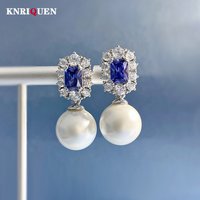 Vintage Noble 100% 925 Real Silver 12mm Pearl Sapphire Drop Earrings for Women Lab Diamond Gemstone Wedding Fine Jewelry Gifst