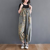 Salopette en denim à imprimé floral pour femme, jean spinal à jambe large, barboteuses et combinaison décontractées, bretelles cargo, pantalon baggy