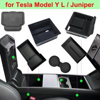 Akcesoria do Tesla Model Y L 2026, organizer do konsoli środkowej z flokowanym wykończeniem, schowek, mata pod kubek do samochodu YL Juniper, organizery do schowka w podłokietniku.