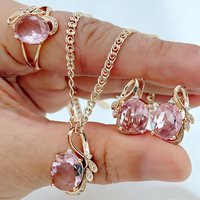 Kinel Hot 585 Rose Gold Color Ethnic Bride Necklace Earrings Ring Shiny Pink Natural Zircon Accessories Women Vintage Jewelry