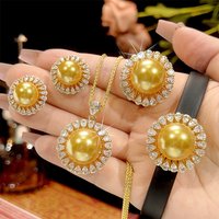 Gold Round Pearl Jewelry with Adjustable Ring Sunflower Necklace Earring Bracelet Vintage Statement Party Accessories for Women