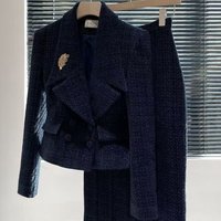 Spring Autumn New Fashion Tweed Set 2-Piece Elegant Office Formmal Suit Women Notch Collar Double Breasted Jacket+Midi Skirt