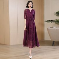 New Women's Mesh Dress Summer Long Skirt Short Sleeve Over-the-Knee Waist-Defining Slimming Flared Elegant Lace Dress Purple