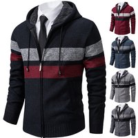 2023 New Autumn and Winter Striped Hooded Sweater Men's Coat with Velvet Padded Warm Knit Cardigan