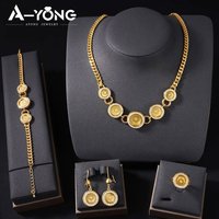 Turkish Vintage Coins Jewelry Set 21k Gold Plated Arabic Muslim Zirconia Necklace Bracelet Earrings Ring Dubai Wedding Jewelrys