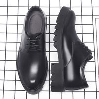 Mens Black Leather Lace Up Dress Shoes With Thick Lug Sole Platform Block Heel Formal Business Office Work Daily Wear Shoes
