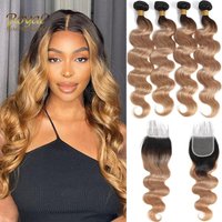 Ombre Brazilian Human Hair Bundles With Closure 1B/27 Blonde Colored Bundles With Closure Body Wave Bundles With Closure