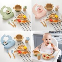 Baby Bamboo Wooden With Silicone Suction Tableware Children Cartoon Dinosaur Feeding Bowl Spoon Fork Set Kid Feeding Accessories