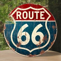 2D Flat Vintage Distressed "Route 66" Round Metal Tin Sign, Retro American Highway Road Trip Wall Decor, Classic Nostalgic Route
