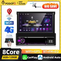 Podofo 6+128G Wyjmowany Ekran 1 Din Android Radio Samochodowe Multimedialne Carplay Nawigacja GPS WIFI Bluetooth FM AM Mirror Link