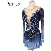 Shiny Professional Ice Figure Skating Dress for Women Girls Dance Costume Blue Gradient Long Sleeve Competition Skating Skirt