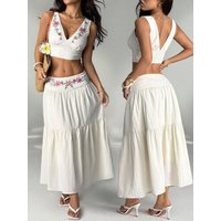 Women's Summer Embroidered Sleeveless Top and Casual Chic Skirt Set, Womenswear, Simple Floral Embroidery, Vacation Style