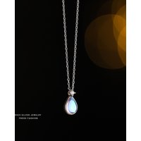 925 Sterling Silver Simulation Moonstone Water Drop Pendant Necklace for Women Vintage Elegant Temperament Jewelry Accessories