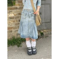 Retro Washed Pleated Denim Skirt Children's Summer Old Versatile and Thin Skirt