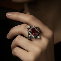 2026 New Vintage Silver Tone Ring, Red Square Zircon Inlay, Personalized Fashion Ring for Women