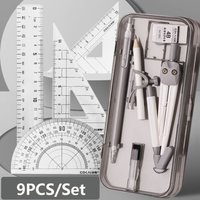 9PCS/Set Transparent Ruler Set Straight Ruler Eraser Pencil Compass Kit Mechanical Pencil Set Square Drawing Tool School Office