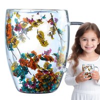 Glass Mugs with Handles Anti-Scald Tea Cup with Ergonomic Handle Coffee Mug Dried Flowers Double-Layer Heat Insulation Glass