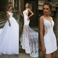 Modern Short Mermaid Wedding Dress with Detachable Train Three Pieces 3 in 1 Lace Applique Sheer Neck Backless Bridal Gowns 2025