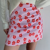 Korean Fashion Mini Skirt High Waisted Pink Skirt Summer Clothes Women 2024 Red Floral Y2k Fashion Print Satin Skirt Kawaii