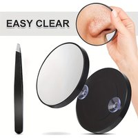 Small Magnifying Mirror with Suction Cup and Tweezers, Compact Mirror Set for Plucking Eyebrows 3.5 Inches