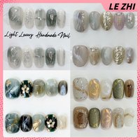 Round Simple Short Fake Nail Blending Gilded Gold Glitter Sequins Golden Stripe Flowers Designs Handmade Luxury Press On Nails