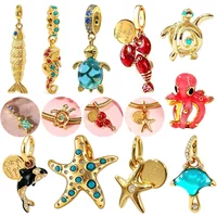 Sea Life Beads 925 Silver Gold Fish Starfish Hippocampus Turtle Charms Pendant Fit Bracelet Necklace Bag Keychain Jewelry Making