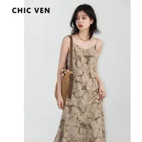 CHIC VEN Women Dresses New Retro V-neck Printed Camisole Dress Sleeveless Pullover Long Skirt Beach Vacation Summer 2024