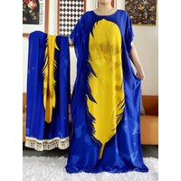 2025 African Women Party Dress Big Scarf Tassels Cotton Printed Loose Floral Boubou Maxi Islam Women Short Sleeve Abaya