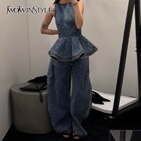 TWOTWINSTYLE Minimalist Cowboy Two Piece Sets for Women O Neck Sleeveless Tunic Spliced Ruffles Vest High Waist Pant Set Female