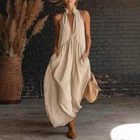 Women's Summer Sleeveless Stand Collar Halter Maxi Dress Solid Linen Deep V Loose Long Dress With Side Pockets For Vacation