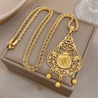 Trendy Pear-shaped Teardrop Human Figure Small Golden Ball Hollowed-out Coin Theme Necklace High-end Stainless Steel Men Jewelry