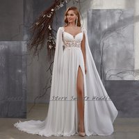 Jiayigong Summer Chiffon Wedding Dress with Shoulder Cape V Neck See-through Body Applique Side Split Bridal Gown for Women 2023
