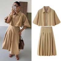 Women Two Pieces Sets Turn-down Collar Zipper Jackets+High Waist Pleated Skirts Solid Color Spring Summer Lady Elegant Outfits