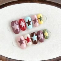 10pcs Handmade Multi-color Star Press on Nails Short oval Wearable Reusable Trendy False Nails 2026