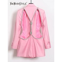 TWOTWINSTYLE Sexy Backless Diamond Blazer Tops Female Lapel Collar Long Sleeve Slim Hollow Out Women's Coat Fashion 2022 New