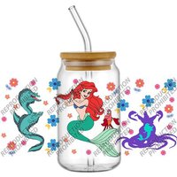 Popular Retro Cartoon Mermaid Ariel Famous 16oz UV DTF 3D Transfer Sticker Decals Wraps Glass Can Cups Creative Craft DIY