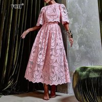 VGH Solid Elegant Two Piece Set for Women O Neck Half Sleeve Top High Waist Spliced Hollow Out A Line Skirt Outfit Female Summer