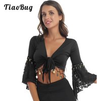 TiaoBug Women Lace Patchwork Three Quarter Flare Sleeve Bead Tassel Lace-Up Shawl Crop Tops Cardigan Indian Belly Dance Costume