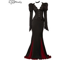 MEOWCOS Women Vintage Bat Corset Top with Pendants and Slit Skirt Set Puffy Long Sleeves Top and Fishtail Skirt Vampire Costume