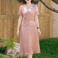 Women's Elegant Cheongsam Style Two-Piece Midi Dress with Embroidery Short Sleeve Formal Ocn Dress