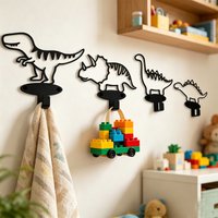 4Pc Iron Art Hooks, Cartoon Dinosaur Silhouette Wall-Mounted Coat Hooks, Black Metal Wall-Mounted Coat Hooks, Modern Minimalist Design, Fun Hooks for Hanging Clothes, Belts, Toys, Etc., Suitable as