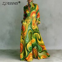 New Spring Elegant Geometric Print Hem Maxi Dress Woman Stand Collar Button Shirt Dresses Long Sleeve Summer Vacation Boho Dress