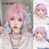 Pink Blue Green Purple Short Curly Bob Synthetic Wigs with Bangs Lolita Cosplay Wigs for Women Daily Party Heat Resistant