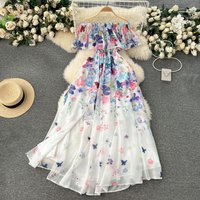 2025 Summer Fashion Women's Flowers Elegant A-line Dresses Slim Chiffon Ruffled Ankle Length Ceremonial Dresses Female Clothes