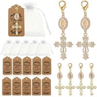 Gold Catholic Virgin Mary Cross Rhinestone Car Charm, Religious Gift Favor for Wedding Baptism Communion, Includes Organza Bag a